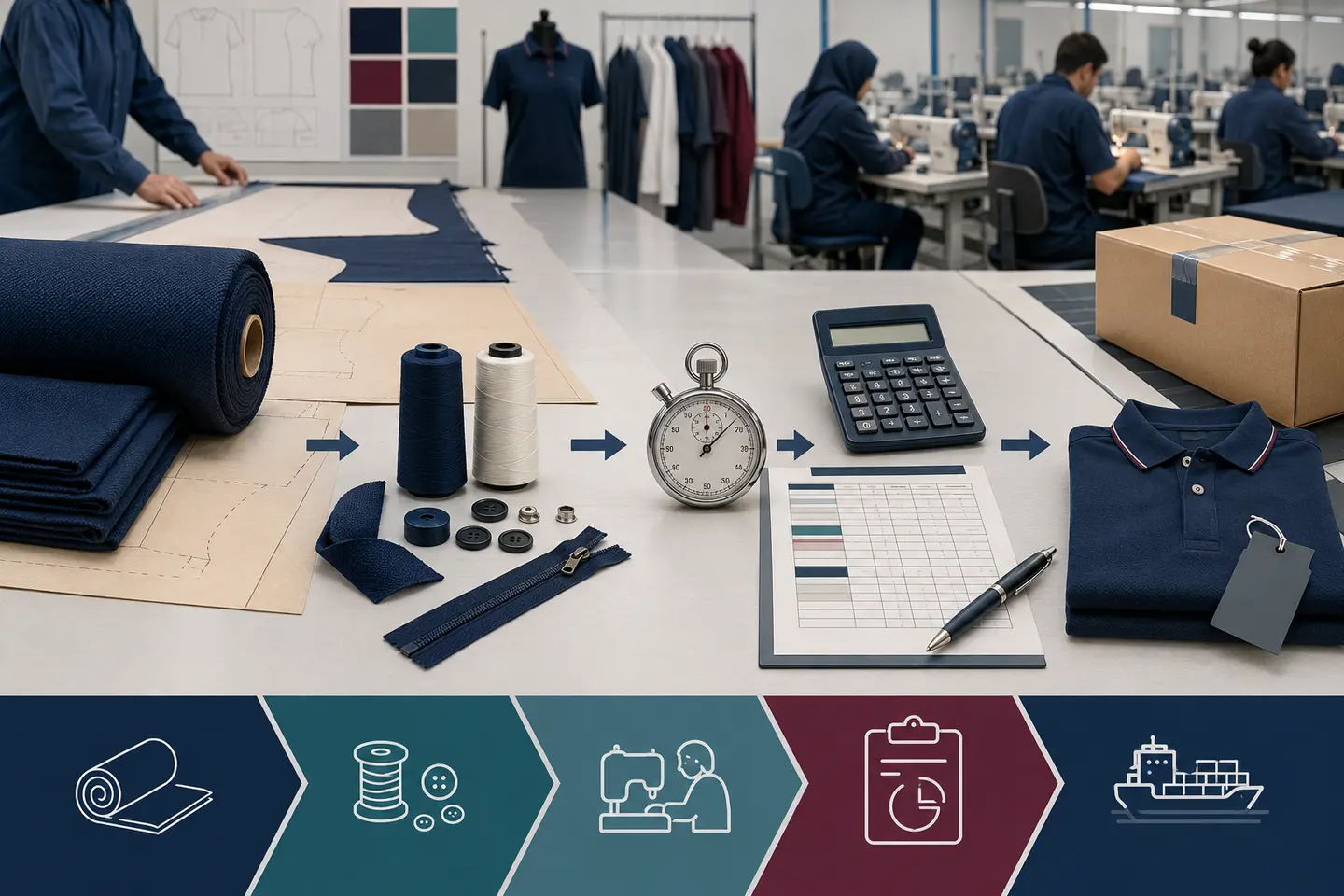 Fabric, trims, sewing time, a cost sheet and a finished polo arranged as a garment-costing process.