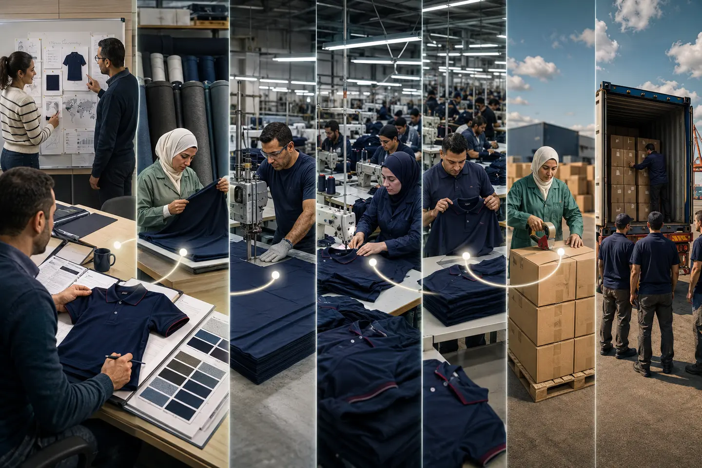One polo order moving from planning through fabric, sewing, inspection, packing and container loading.