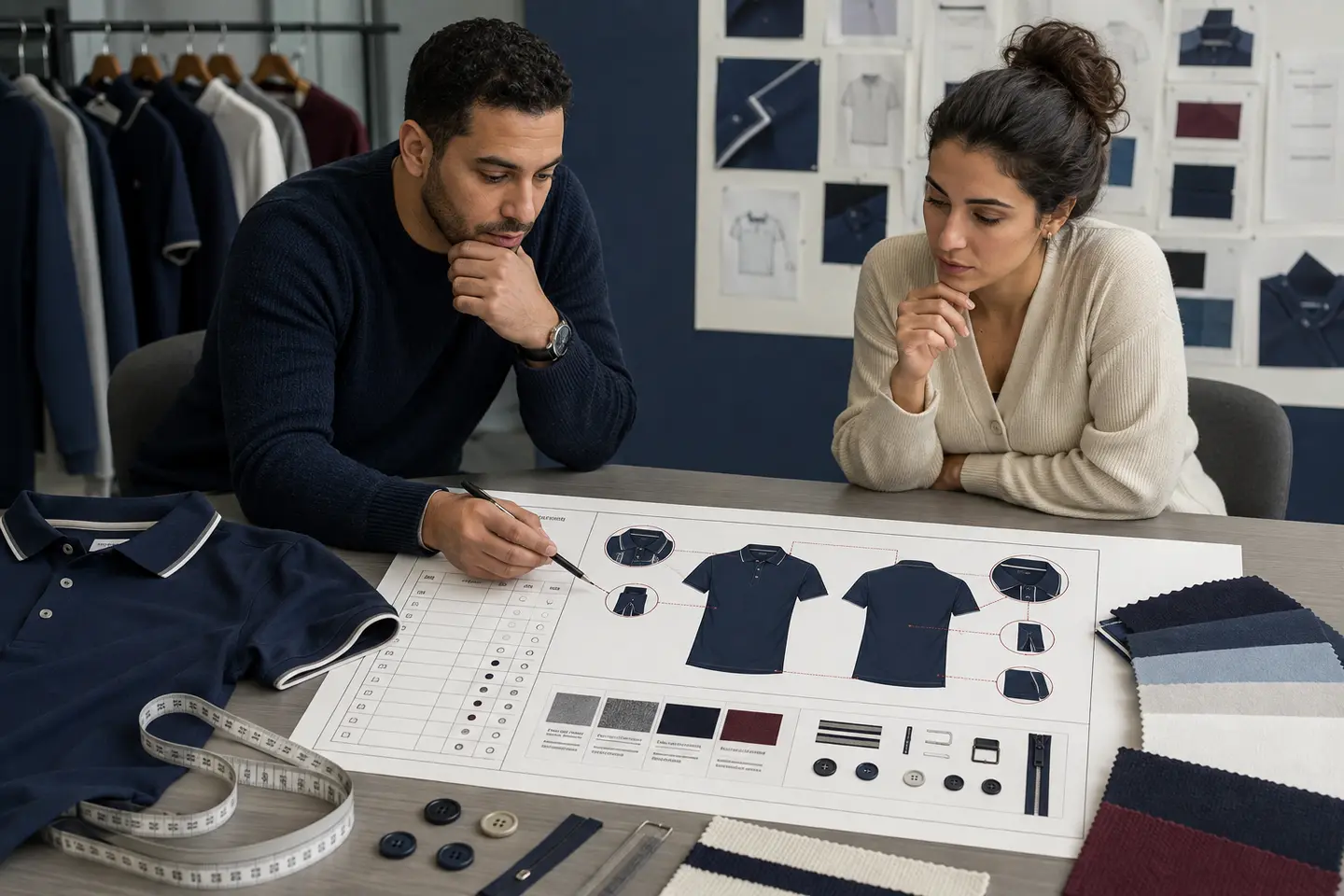 A merchandiser and product developer checking a polo tech pack, garment sample, measurements and fabric swatches.